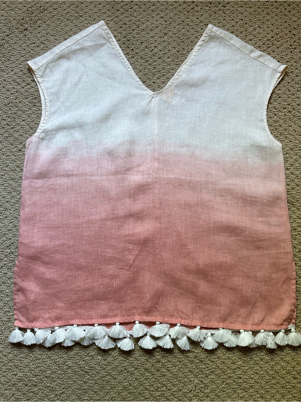 ⁠C&C California Linen Ombre Tassel Top S Cream Coral Pink Boho Dip Dye V-Neck⁠‎